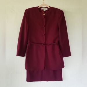 100% Wool Jones New York Burgundy Skirt Suit, Fully Lined, Belted, Knee Length